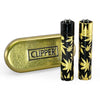 Clipper Metal Flint Lighter - Gold Cannabis Leaves Design